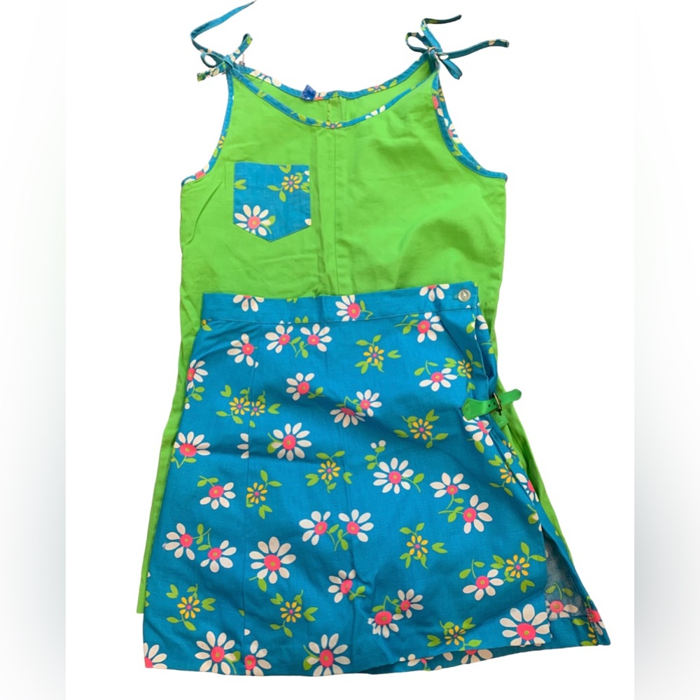 VTG Sears 2 Pc 70s Summer Hippy Daisy Floral Jumper Romper & Skirt Set Youth Kid